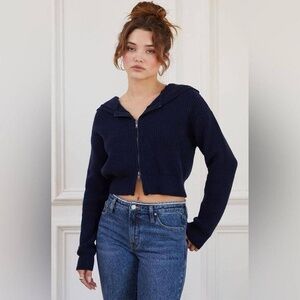 NWT Navy Blue Ribbed Knit Cropped Zip-Up Hoodie